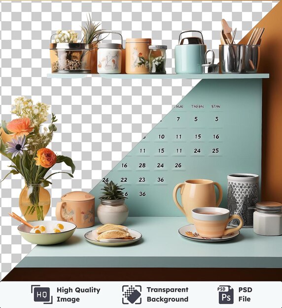 PSD transparenter küchenkalender, der auf einem blauen regal angezeigt wird und von einer vielzahl farbenfroher blumen und pflanzen umgeben ist, darunter orange, rosa und weiße blüten, eine topfpflanze und eine klare glasvase