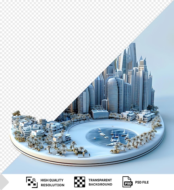 Transparentes 3d-modell der dubai marina mit einem hoch aufragenden gebäude vor einem klaren blauen himmel