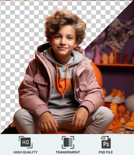 PSD transparentes objekt in den händen eines kindes, das vor einer gelben und orangefarbenen wand auf einem stuhl sitzt, eine rosa jacke und graue hose mit braunen und lockigen haaren trägt und ein