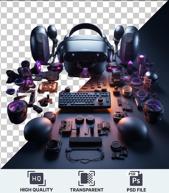 PSD transparentes psd-bild hightech-virtual-reality-gaming-setup mit einer schwarzen tastatur, grauen und schwarzen kopfhörern und einem runden ball auf einem schwarzen tisch