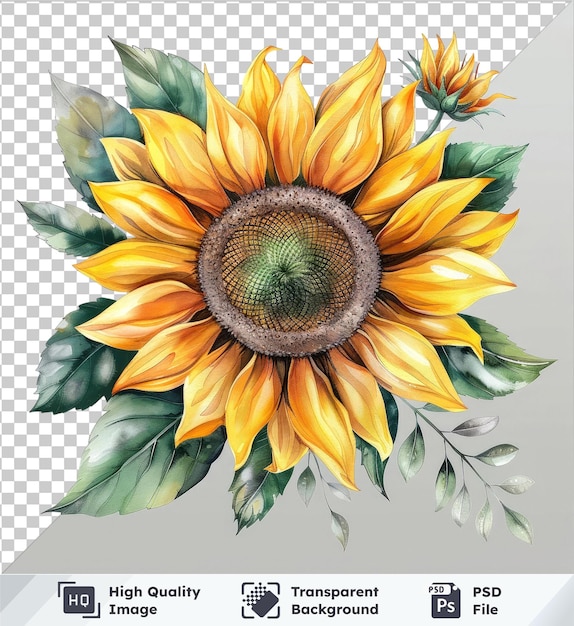 Transparentes psd-bild von wunderschönen aquarell-sonnenblumen-clipart und -blättern