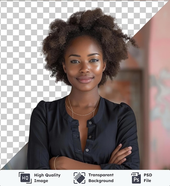 PSD transparentes psd-bild weiblicher unternehmerin afro-geschäftsfrau lächelt in die kamera, kreuzt die hände, kopiert den raum, isoliert auf einem isolierten hintergrund