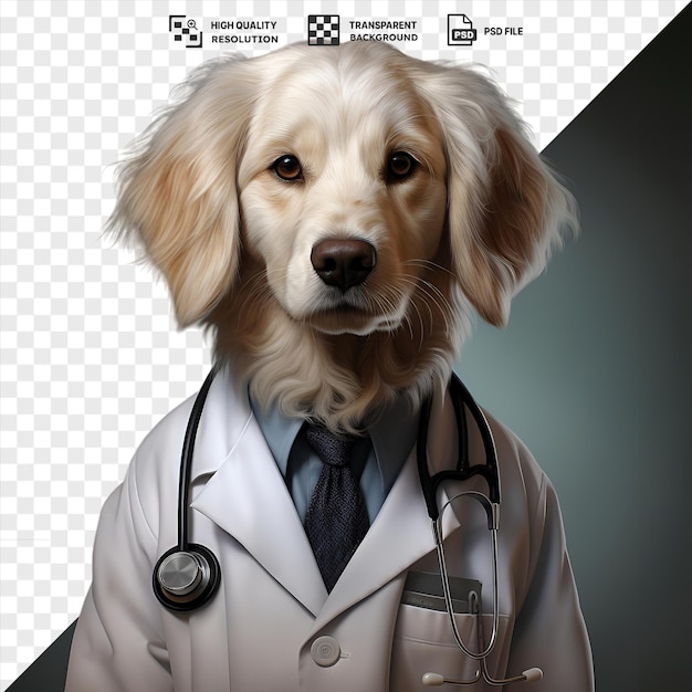 Transparentes realistisches fotografen-veterinär-tier-krankenhaus-porträt mit einem weißen hund mit schlaffen ohren, braunen augen und einer schwarz-braunen nase, der eine schwarze krawatte und einen weißen knopf trägt