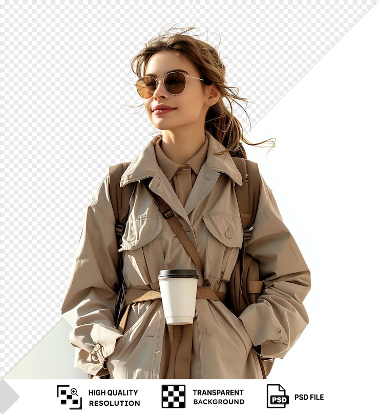 PSD transparentes städtisches leben eine frau mit langen braunen haaren, die einen trenchcoat und eine braune sonnenbrille trägt, steht vor einer weißen wand und hält eine weiße tasse mit einem schwarzen deckel, die sie mit einem png-psd versorgt