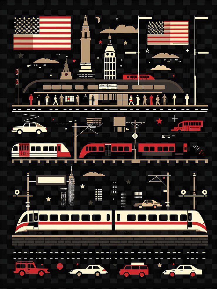 PSD transportation scene with a train station and commuters tran flat illustration poster design