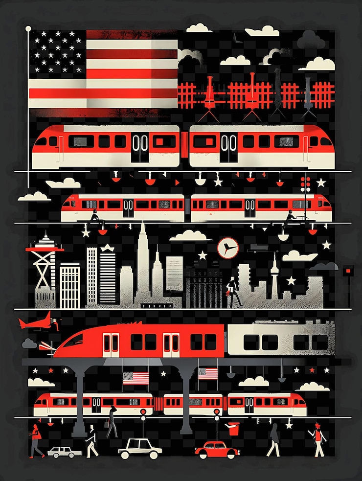 PSD transportation scene with a train station and commuters tran flat illustration poster design