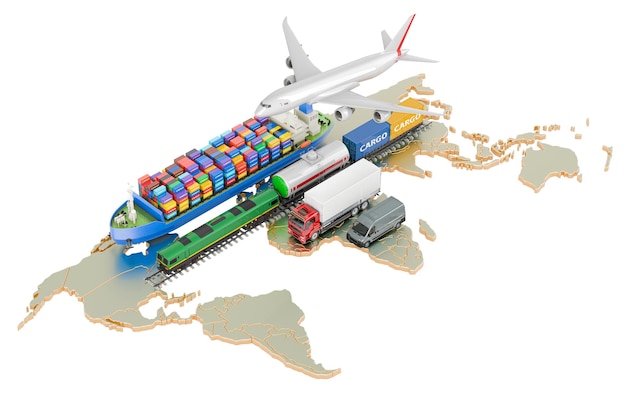 Transporte de mercadorias por navio, avião, comboio, camião e carrinha de entrega Renderização 3D isolada em fundo transparente