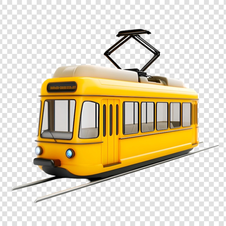 PSD un tranvía amarillo de dibujos animados corre por las vías, una divertida representación 3d del transporte público.