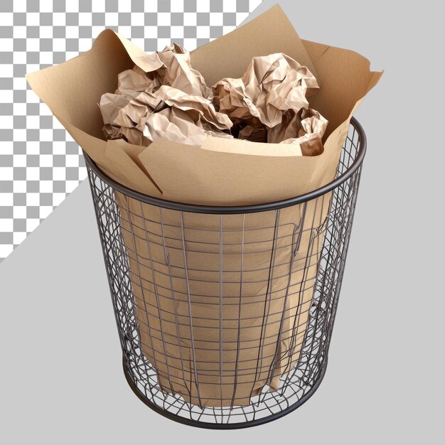 Trashcan aus Drahtmesch mit zerknittertem Papier, isoliert auf weißem Hintergrund, durchsichtig