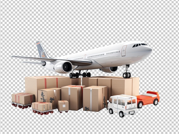 PSD trasporto aereo di merci e concetto di consegna del trasporto di merci rendering 3d