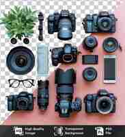 PSD se trata de un conjunto de equipo de fotografía de paisajes profesional psd de alta calidad con una variedad de cámaras, incluidos modelos de plata negra y negra y plata, así como una planta verde y