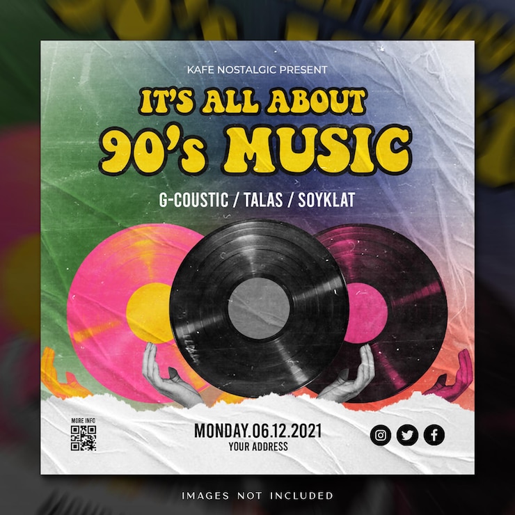 PSD se trata de póster de concierto de música de los 90 para plantillas de redes sociales