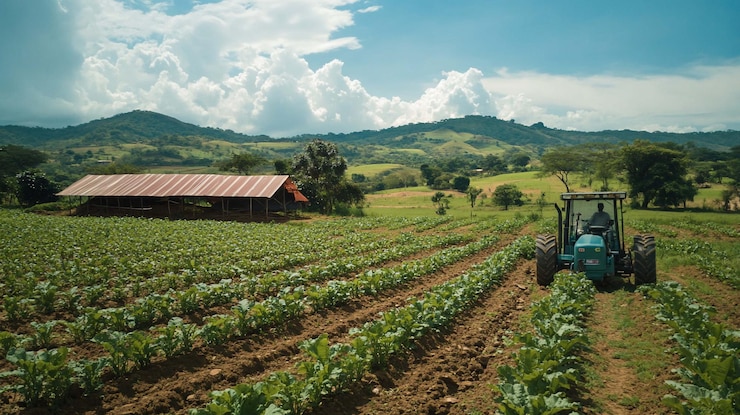 PSD trator trabalhando em um campo de culturas em meio a uma paisagem rural