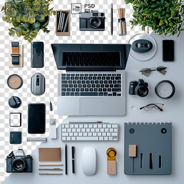 PSD travail à partir d'un bureau à domicile mis en place avec une caméra argent clavier noir souris blanche et caméra noir et argent sur un fond transparent