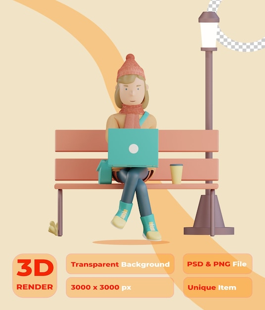 Travail De Personnage D'automne 3d Avec Un Ordinateur Portable Assis Dans Une Chaise De Parc Rendu 3d