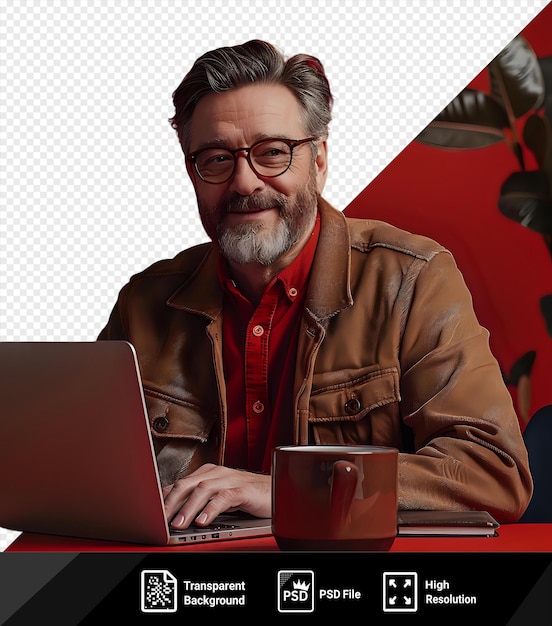 PSD travail de projet impressionnant homme d'âge moyen attrayant et joyeux tapant sur un ordinateur portable alors qu'il est assis à table dans un bureau moderne pendant la journée png psd