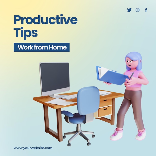 travailler à domicile avec un modèle de publication de conseils productifs avec un personnage de rendu 3d travaillant sur dekstop
