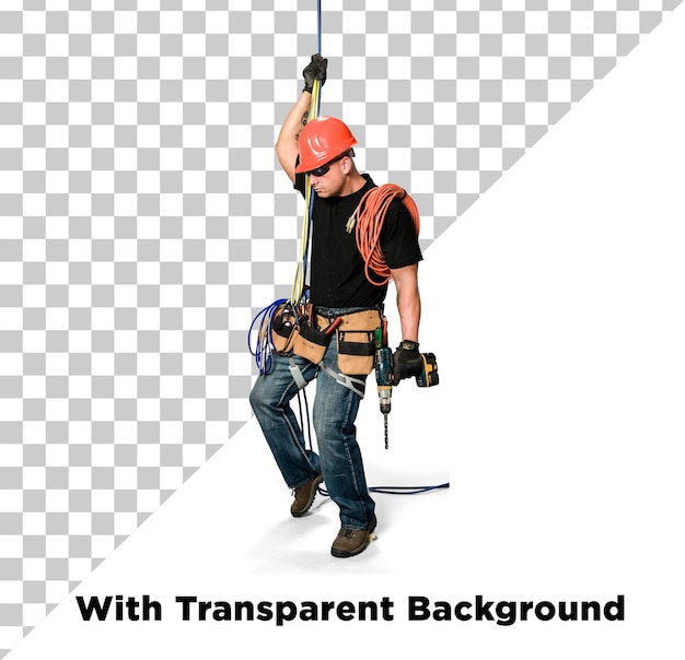 Travailleur de la construction ou de l'entretien grimpant sur une corde pour le travail PNG PSD Arrière-plan transparent isolé