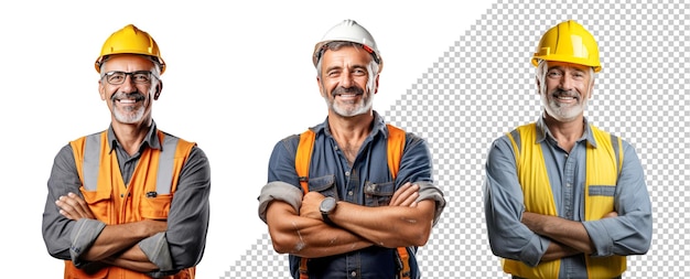 PSD travailleur de la construction homme d'âge moyen souriant avec les bras croisés isolé sur fond blanc transparent