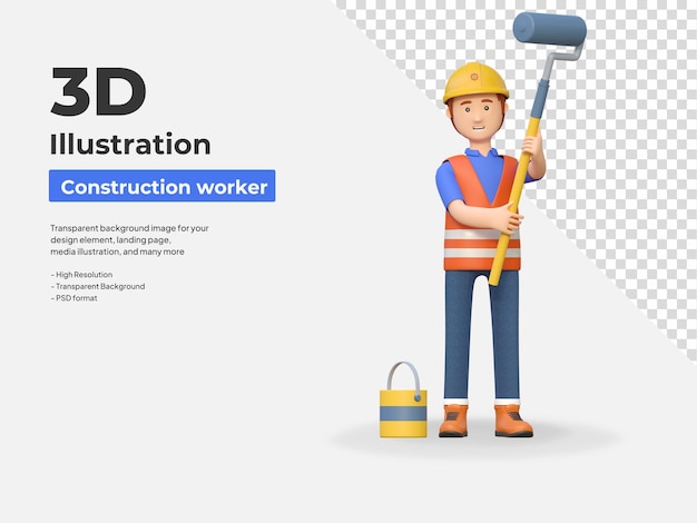 Travailleur de la construction portant un rouleau de peinture et un seau de Peinture illustration de personnage de dessin animé 3D