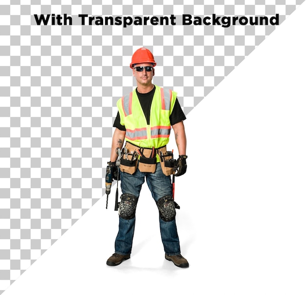 Travailleur d'entretien ou de construction posant avec des outils PNG PSD Arrière-plan transparent isolé