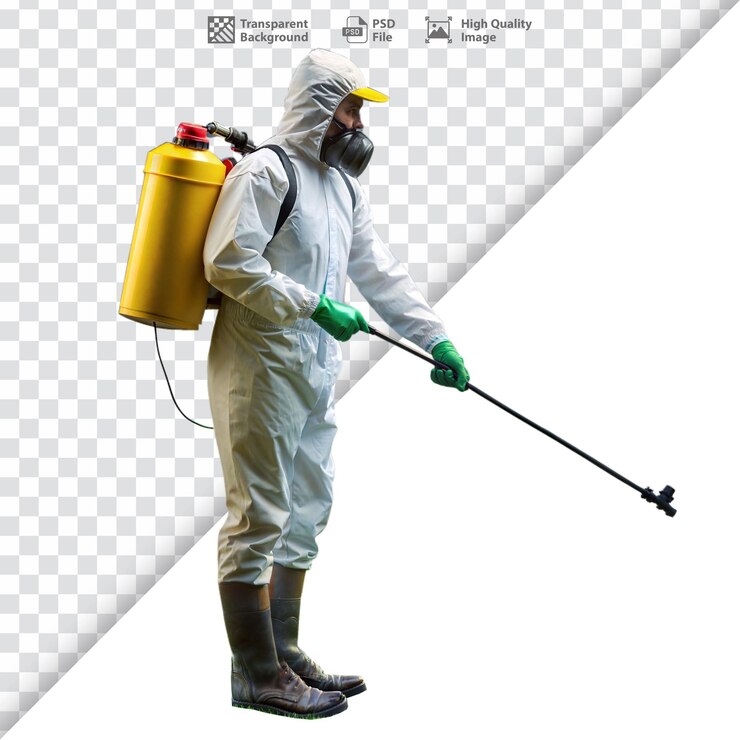 PSD travailleur pulvérisant des plantes avec un équipement de protection probablement appliquant des pesticides ou des engrais