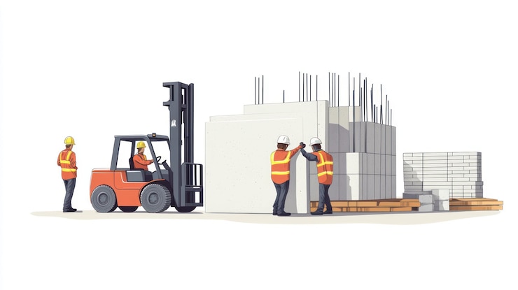 PSD travailleurs de la construction utilisant un chariot élévateur pour déplacer des panneaux de murs en béton préfabriqués pour la construction de bâtiments