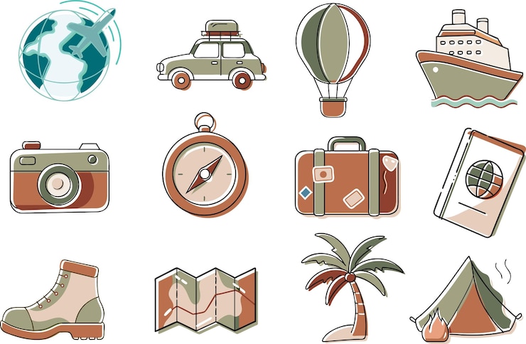 PSD travel icon set un set di 12 icone di viaggio perfette per i blog di viaggio, i siti web, le brochure e i social