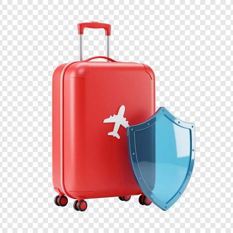 PSD travel insurance suitcase with airplane and shield on transparent background