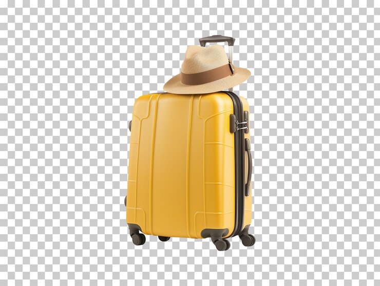 PSD travel luggage bag and a straw hat isolated on transparent background png psd