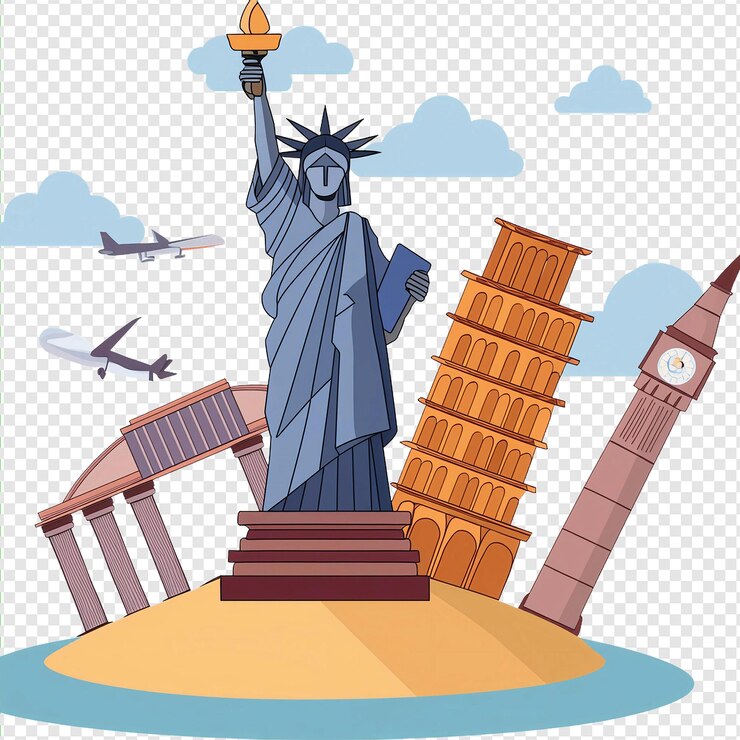 PSD travel the world with famous landmarks transparent background png