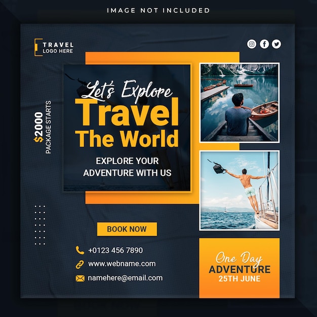 Travel tour publicación en redes sociales o vacaciones vacaciones plantilla de banner web cuadrado