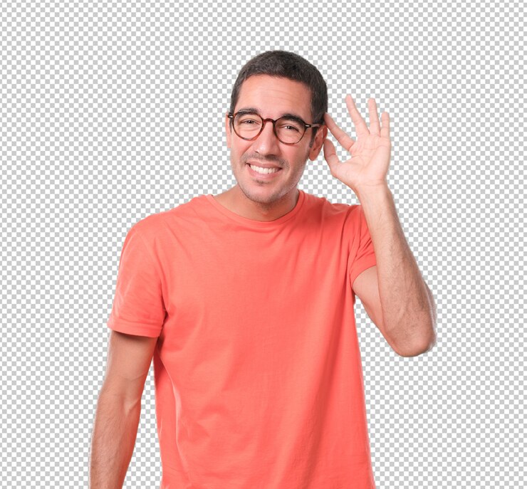 PSD travieso joven tratando de escuchar con la mano