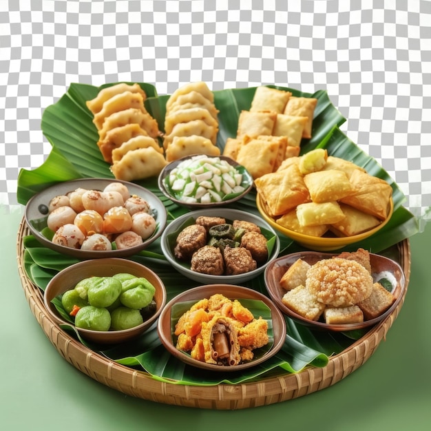 PSD a tray of food with a green background with a white checkered pattern