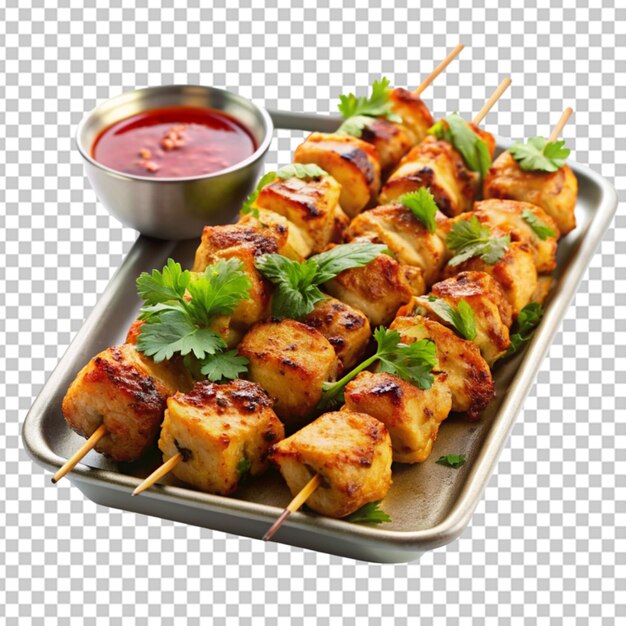 PSD tray of golden brown chicken kebabs