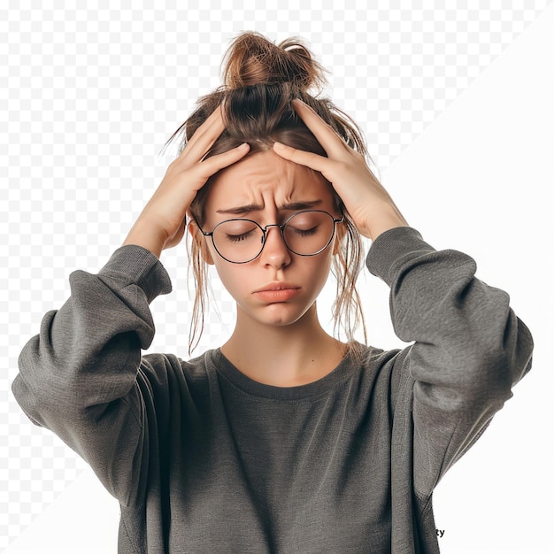 PSD traz os analgésicos. imagem de estúdio de uma jovem com dor de cabeça contra um fundo branco isolado.