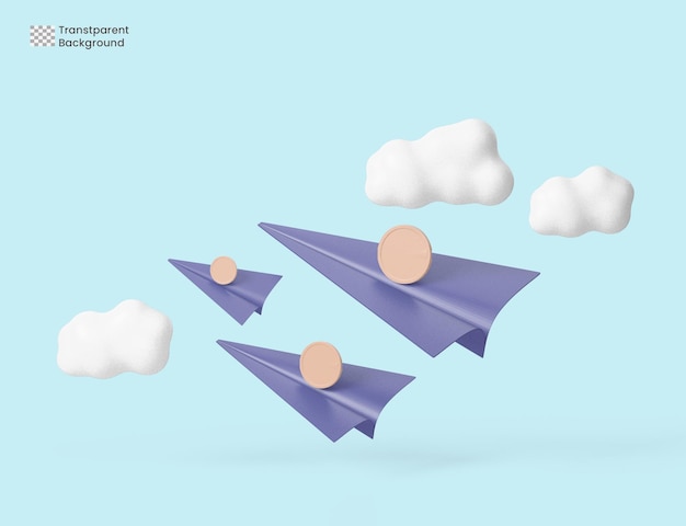 Tre aeroplanini di carta blu e monete con nuvole Minimal cartoon