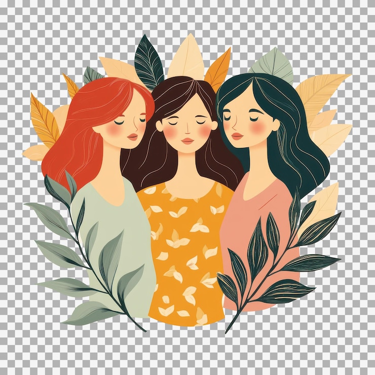 PSD tre belle donne in piedi vicine e abbracciate con foglie che circondano l'illustrazione vettoriale per il design del poster del giorno della donna su uno sfondo trasparente