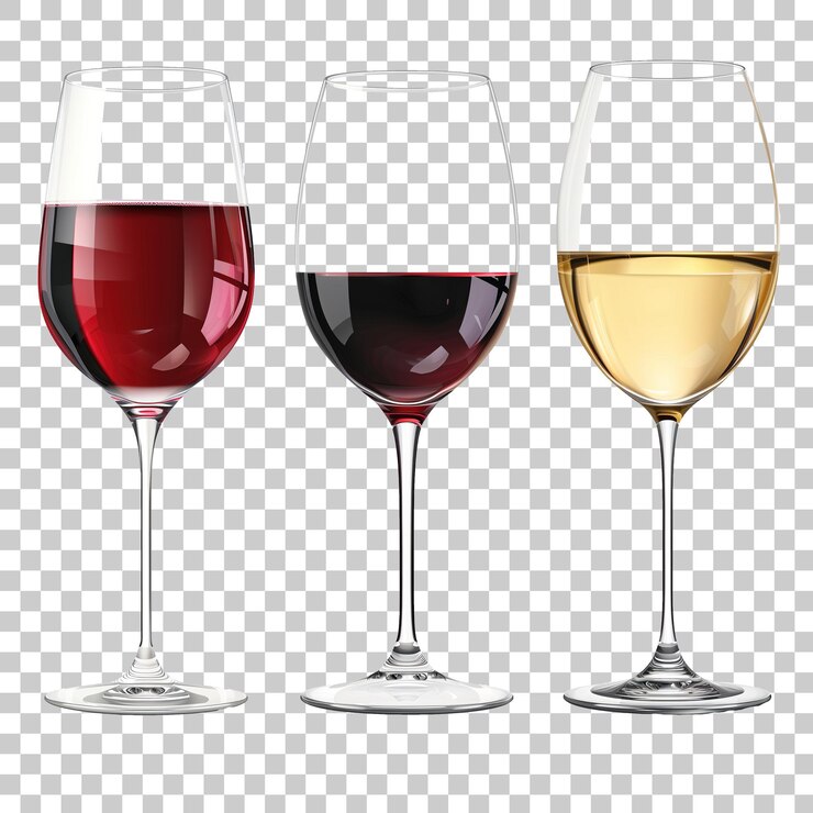 Tre bicchieri di vino rosso e bianco isolati su uno sfondo trasparente