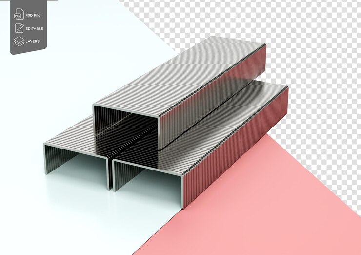 PSD tre blocchi di spilli metallici poggiati su uno sfondo blu e rosa 3d