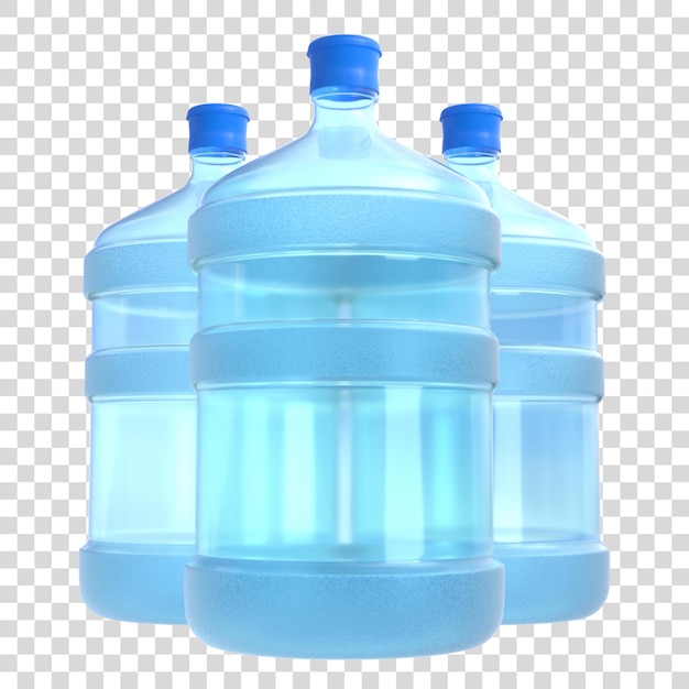 Tre bottiglie d'acqua in plastica blu da 19 litri o 5 galloni isolate su sfondo bianco rendering 3D