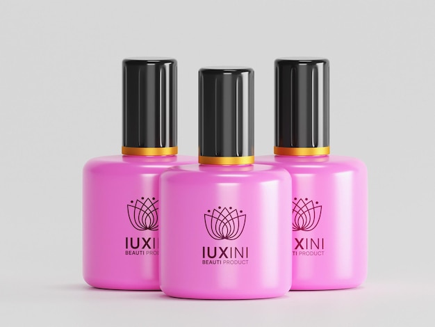 Tre bottiglie di profumo magenta sono su uno sfondo bianco.