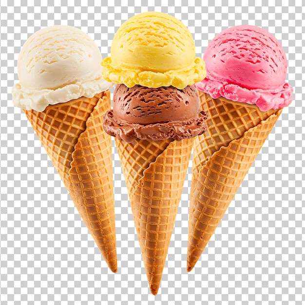 Tre coni di gelato con sapori diversi