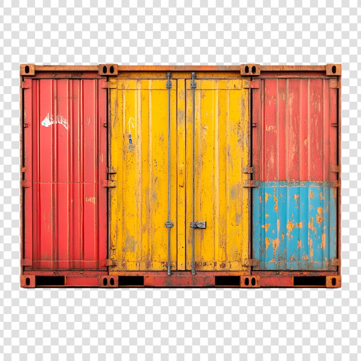 PSD tre container di spedizione rossi, gialli, blu, grunge.