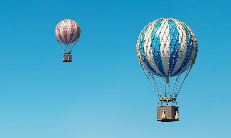 PSD tre palloncini d'aria calda nel cielo con uno che vola nell'aria