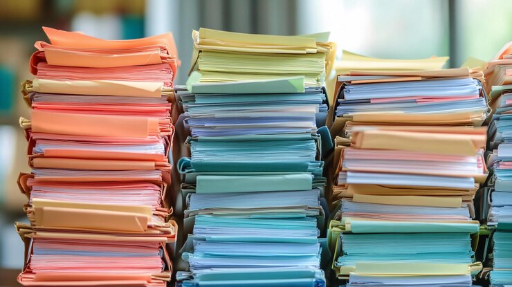 PSD tre pile di file e documenti colorati su una scrivania