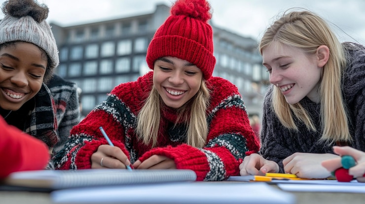 PSD tre ragazze adolescenti felici e diverse che collaborano a un progetto all'aperto durante l'inverno