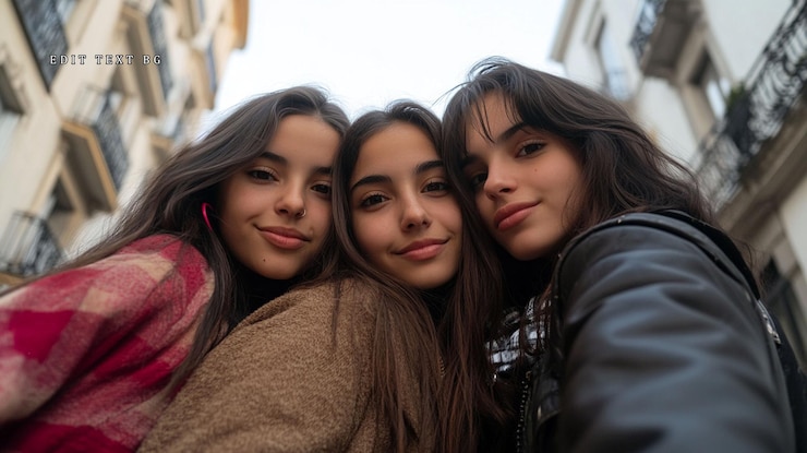 PSD tre ragazze adolescenti sorridenti ritratto da vicino in un ambiente urbano