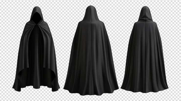 PSD tre vedute di un mantello nero con un design elegante perfetto per feste in costume o spettacoli teatrali in ambienti urbani