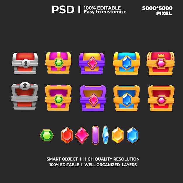 Treasure chest set of games Game Chest with gems Game Treasure chest 2d interface Game art